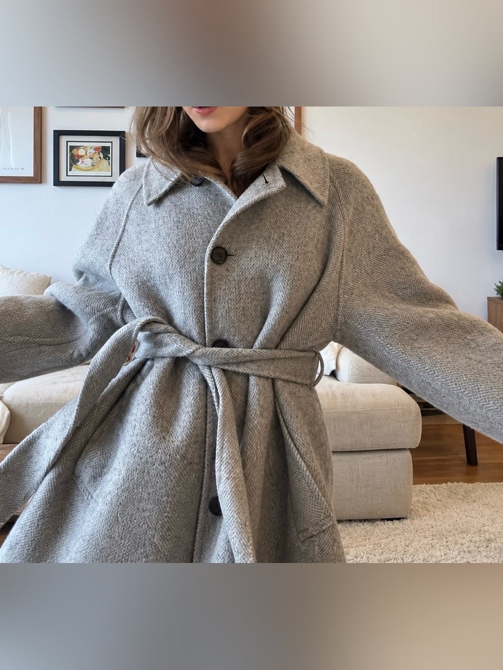 Soft Wool Herringbone Stand Collar Half Coat 90% Wool 10% Alpaca